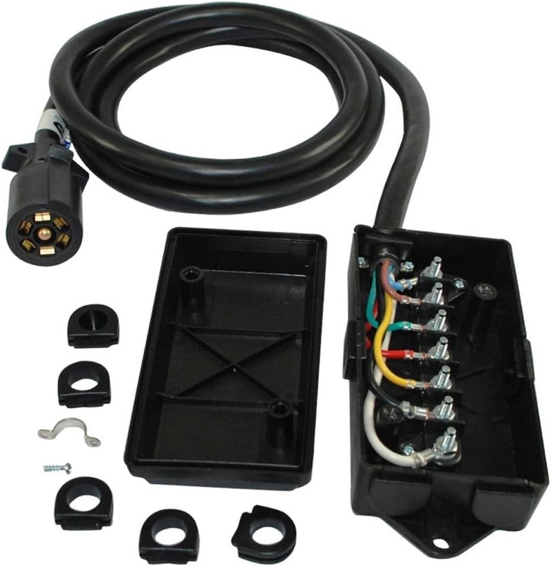 Conntek 7 Way Plug Inline Trailer Cord with 7-Gang Junction Box - Black, 8-Feet - Image 1